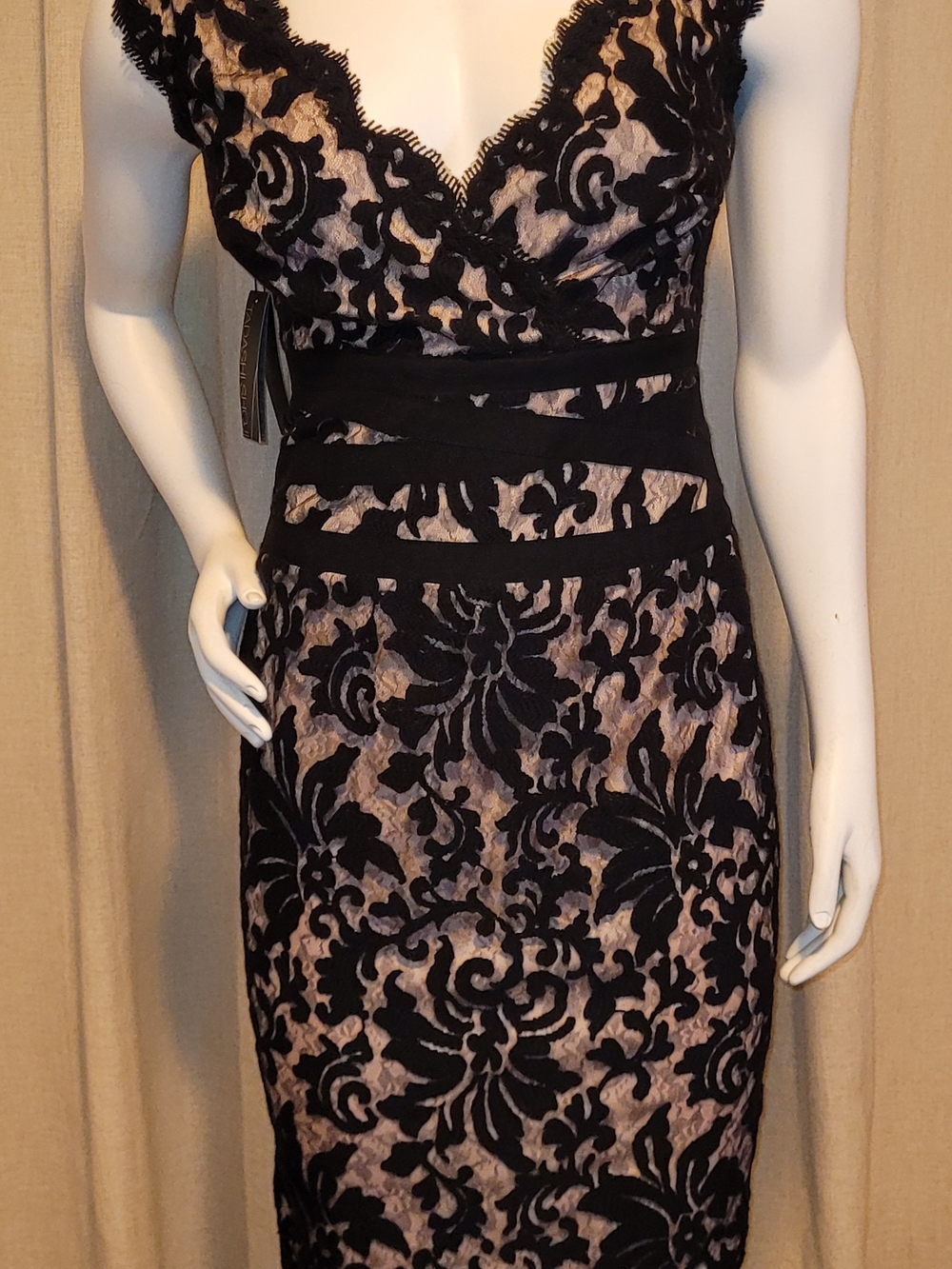 Tadashi Shoji Black Lace Overlay Nude Sheath Cocktail Dress